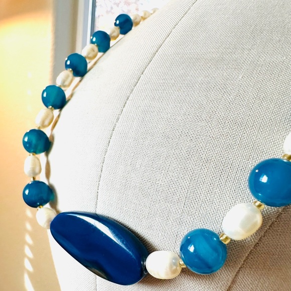 Vintage Pearl Blue Agate Necklace & Earrings - Picture 6 of 17